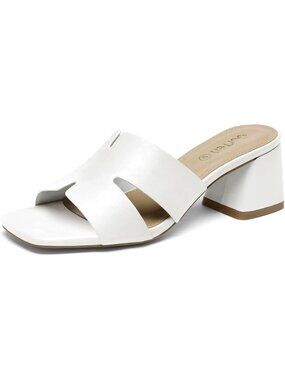 Women's White Square Open Toe Sandals Low Block Chunky Heel Slip on Casual Shoes